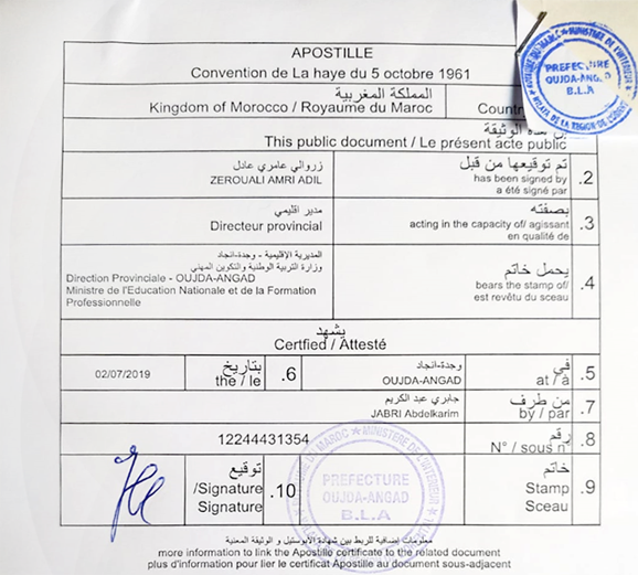 Apostilla de La Haya emitida en Marruecos en arabe y frances