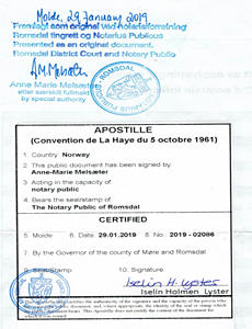 Apostilla de la Haya emitida en Noruega.